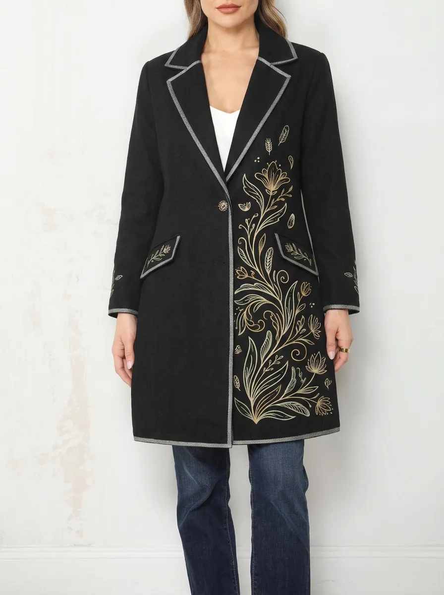 Women's Floral Art Gold Botanical Printed Long Coat