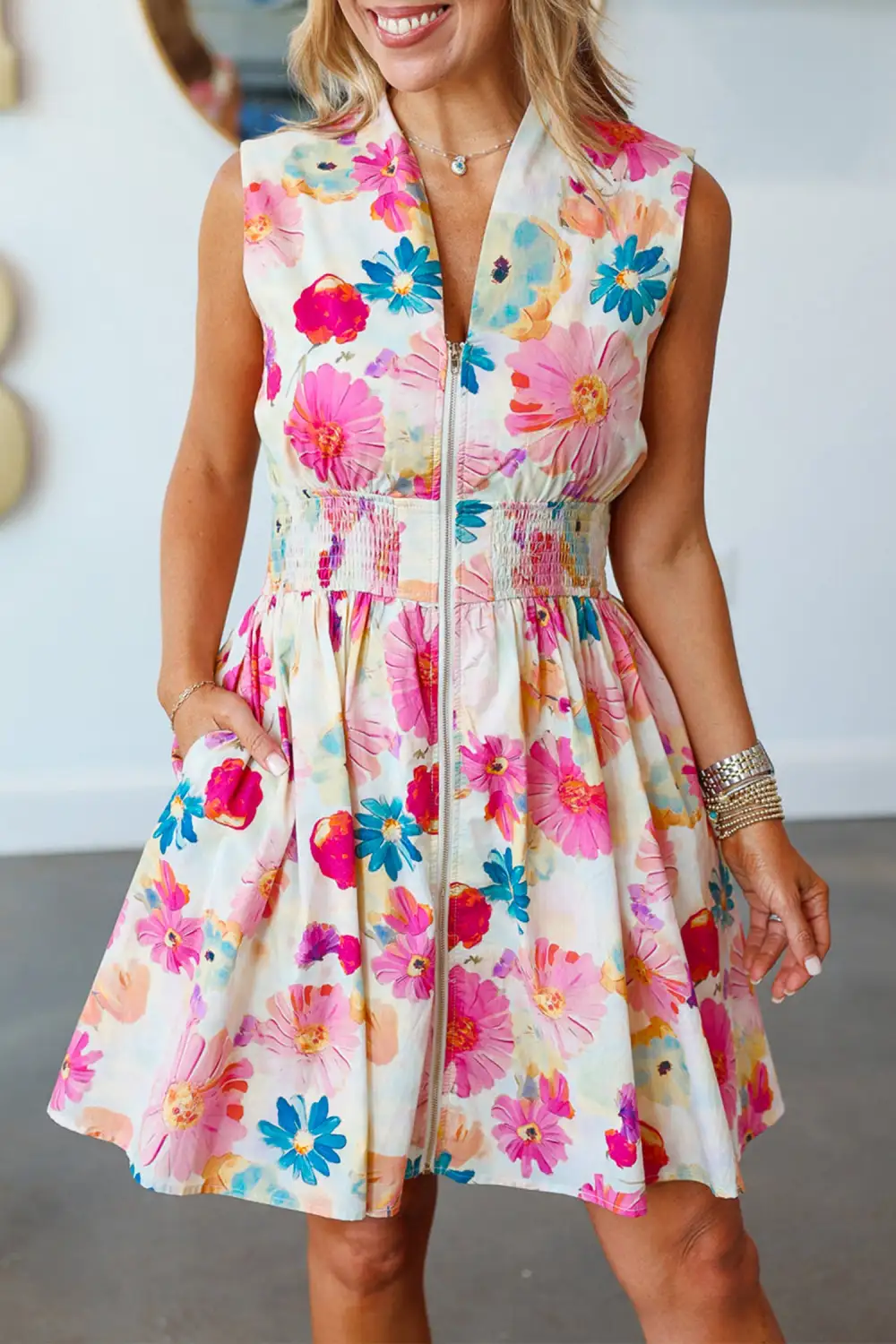 Adorable Floral Print V Neck Zip Up Smocked Waist Flared Mini Dress