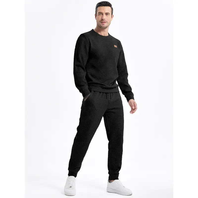 🔥Last Day 49% Off - Men's 2 Piece Sweatsuits Outfits Casual Crewneck Jacquard Sweatshirt Joggers Sweatpants Set Tracksuit High Quality Fabric Classic Design