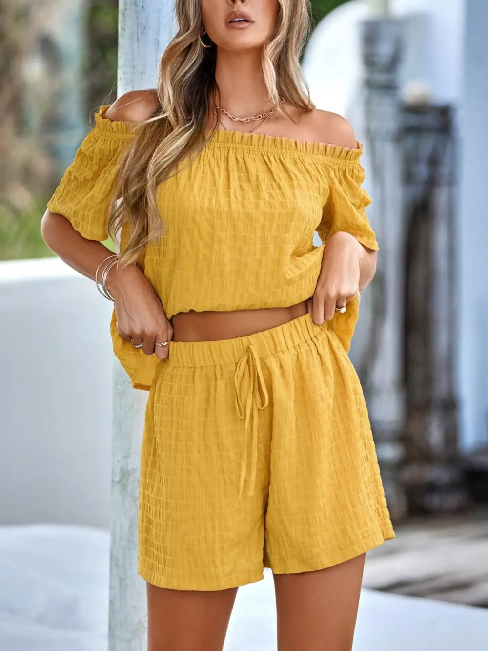Off Shoulder Short Sleeve Top and Shorts Set