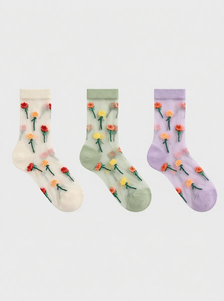 Women's Floral Embroidered Sheer Crew Socks 3-Pack