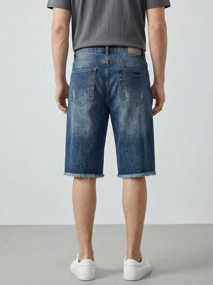 Men's Heritage Inspired Distressed Raw Hem Distressed Denim Shorts