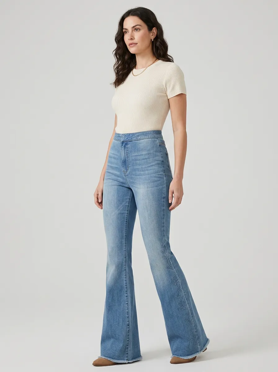 Women's Boho Inspired Floral Embroidered Stitch Detail High Rise Flare Jeans