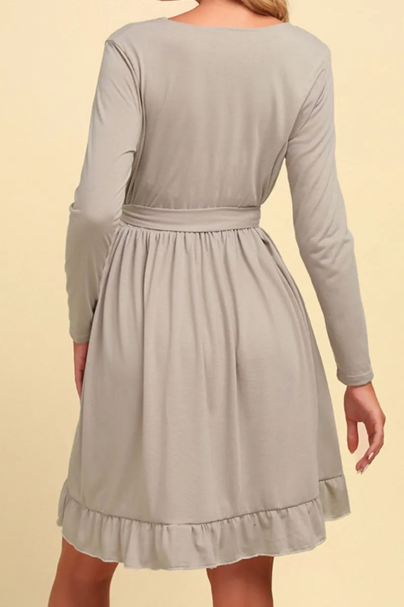 Long Sleeve Tie Waist Ruffle Hem Dress Mini Dress