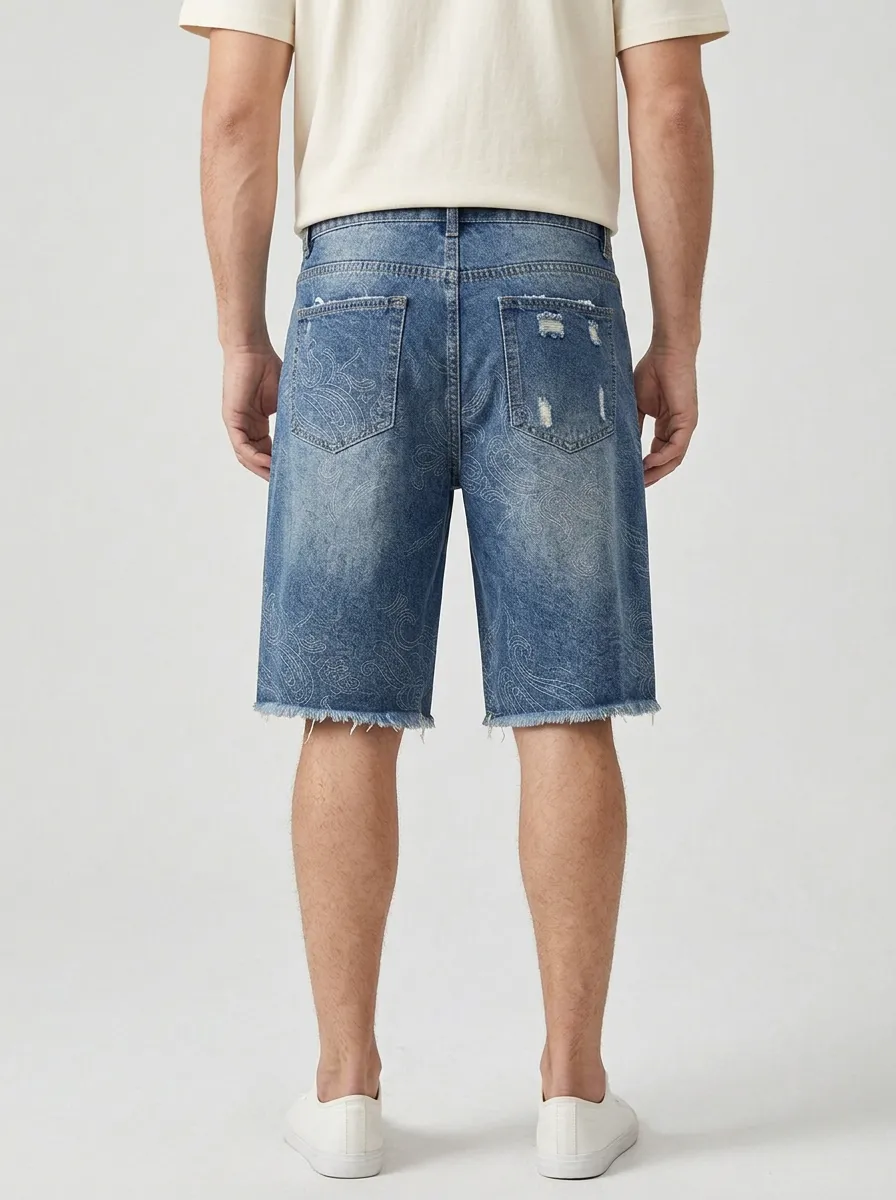 All-Day Distressed Raw Hem Look Men's Distressed Raw Hem Denim Shorts