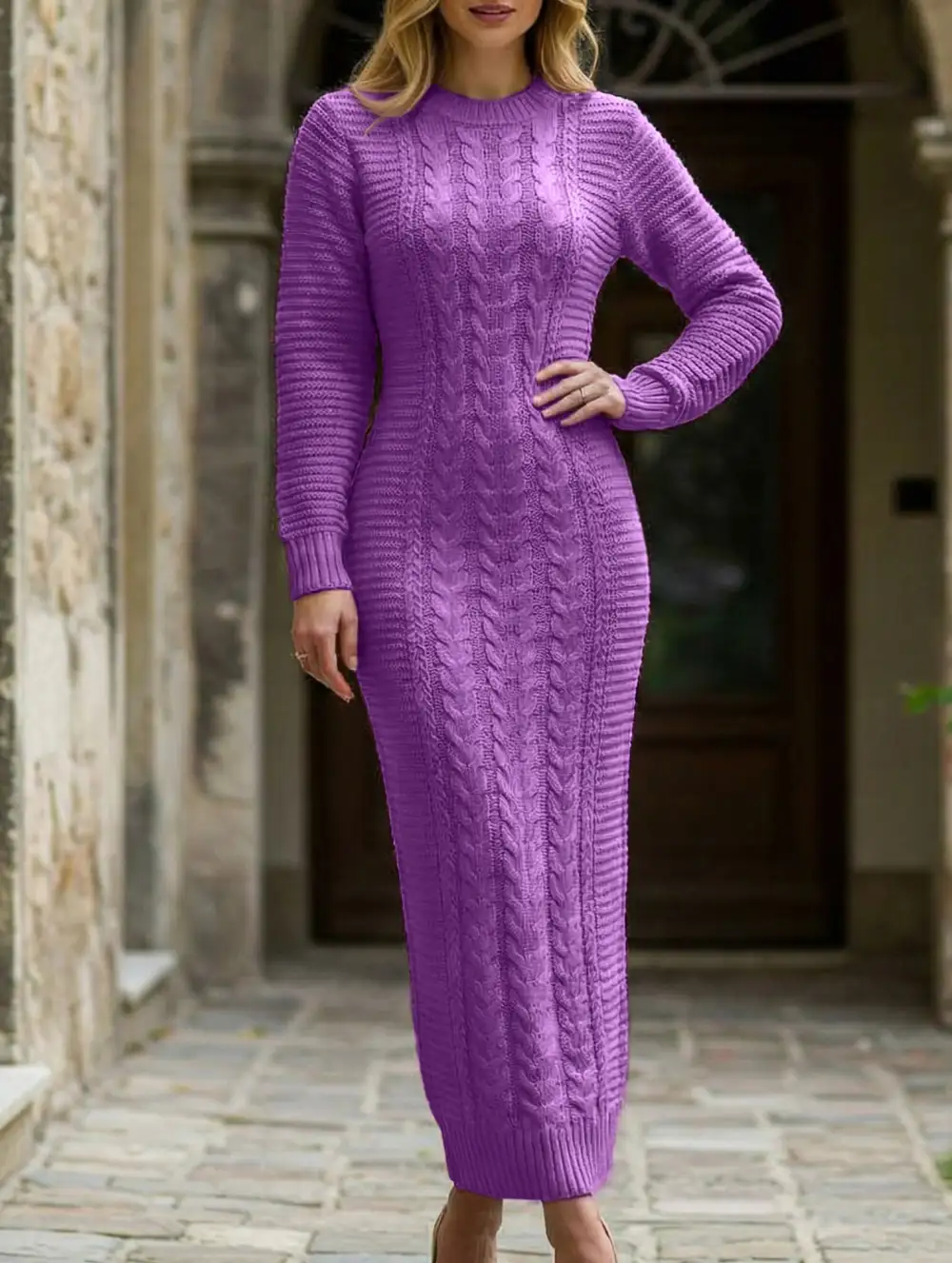 Cable Knit Long-Sleeved Wool Dress