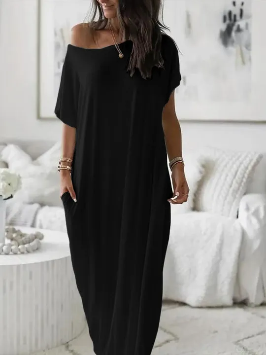 Women'S Solid Color Batwing Sleeve Lounge Dress, Casual Elegant Comfy Short Sleeve Baggy Nightdress For Daily Wear, Ladies Sleepwear For All Seasons, Womenswear, Night Gown Women