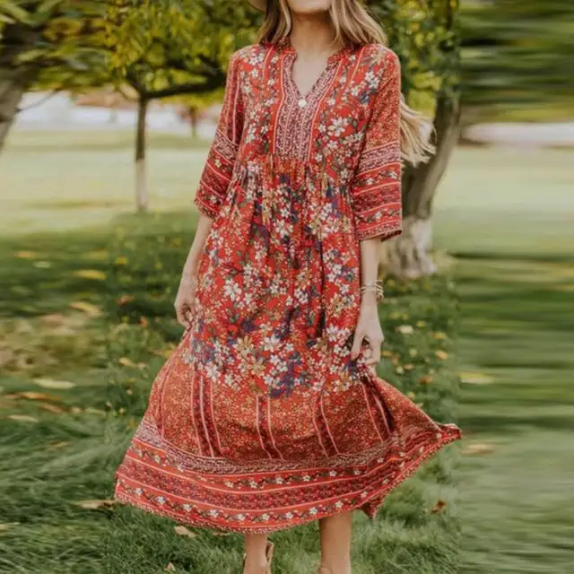 Summer Boho Floral V Neck Half Sleeve Loose Dress