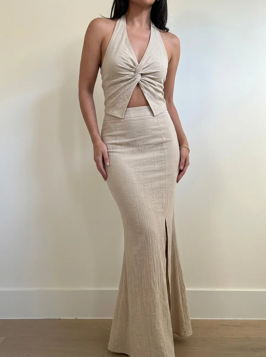 Women's Sexy Beige Twist Halter Top and Slit Maxi Skirt Set