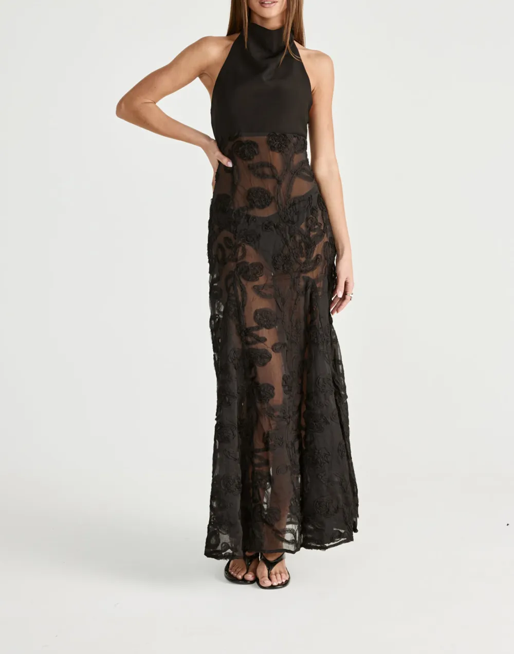 Fashion Floral Textured Open Back High Neck Dress