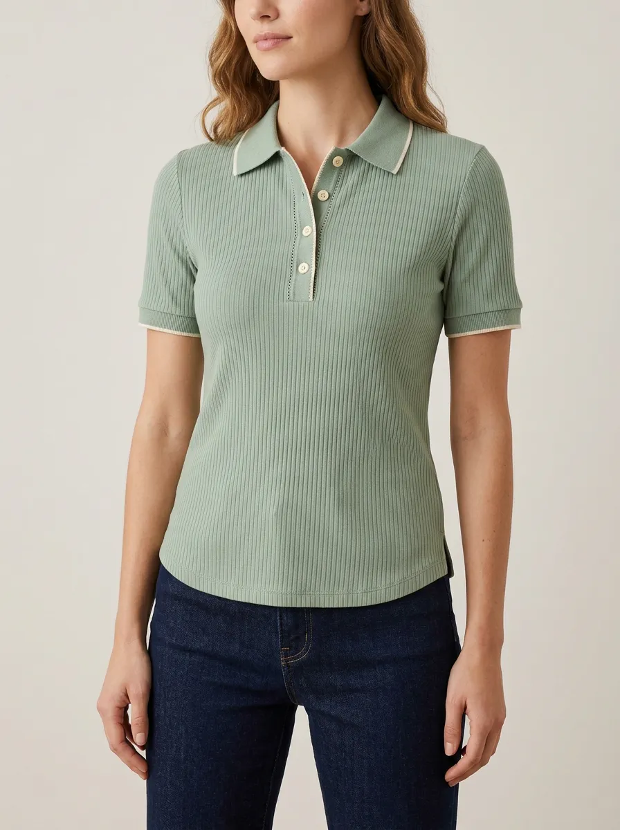 Women's Sage Green Ribbed Knit Button Up Polo Shirt