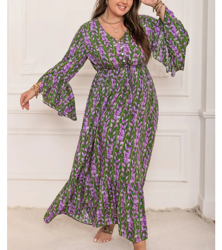 Relaxed Plus Size Printed V Neck Long Sleeve Maxi Dress