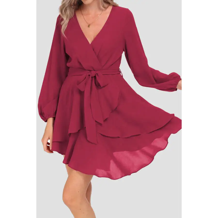 Tied Surplice Balloon Sleeve Layered Dress