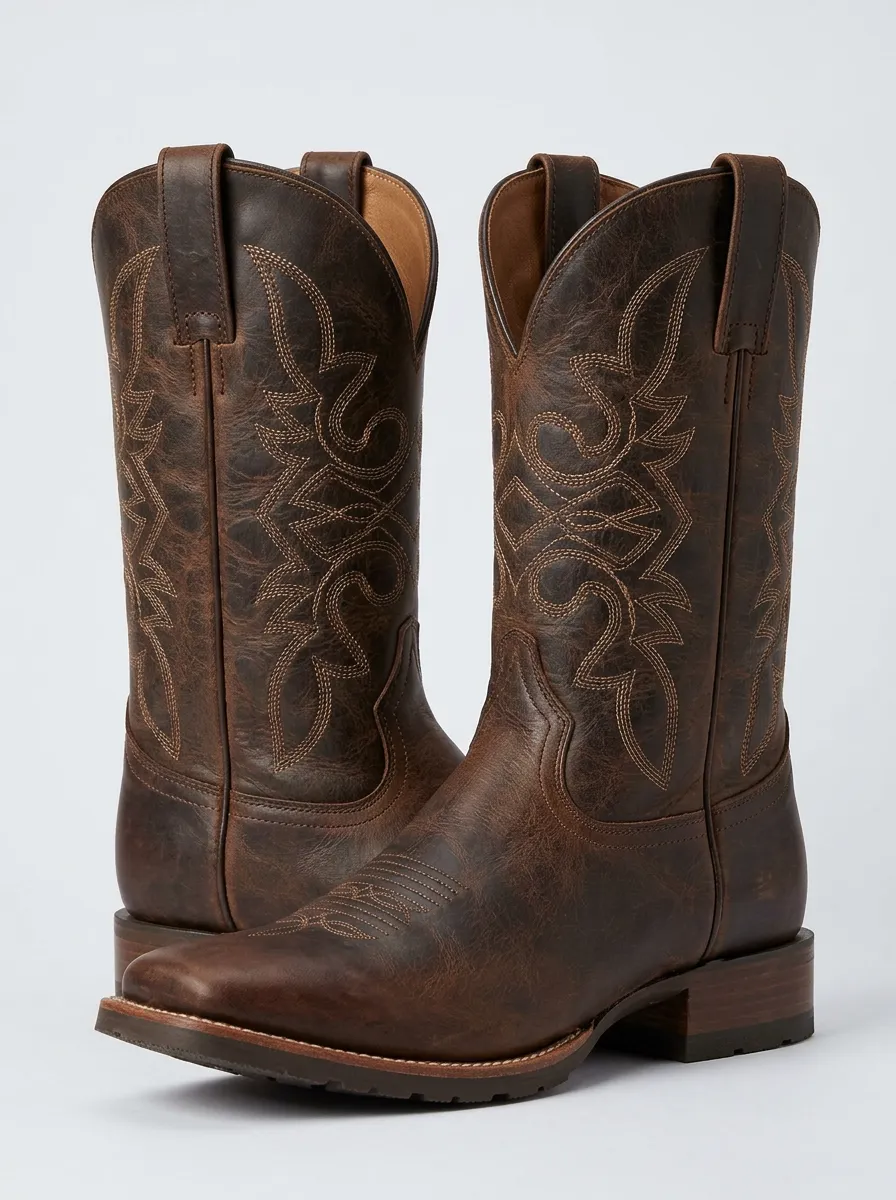 Men's Rustic Embroidered Leather-Look Motif Western Cowboy Boots