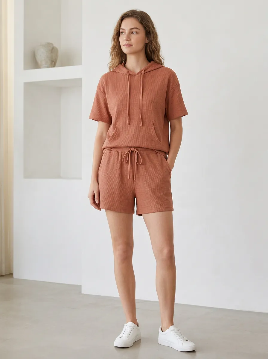 Women's Relaxed Fit Casual Waffle Knit Short Sleeve Hoodie Shorts Set
