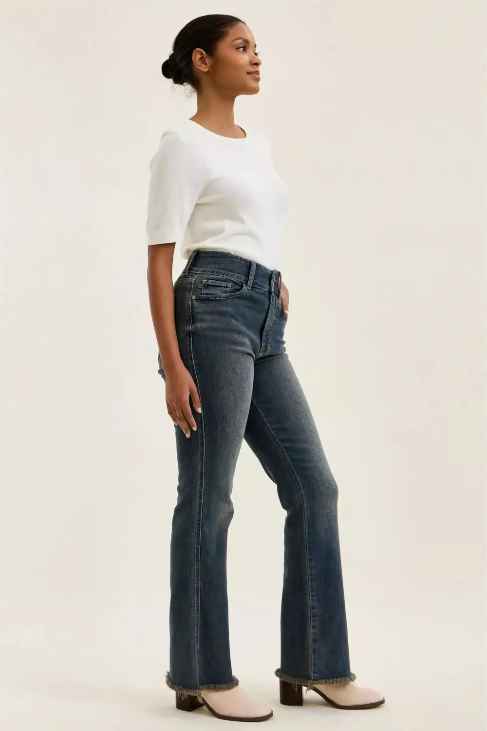 High Waist Frayed Hem Button Denim Jeans