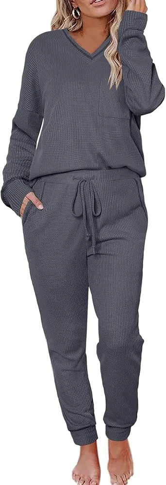 Women's Long Sleeve Knit Loungewear Set Jogger Pants Outfit