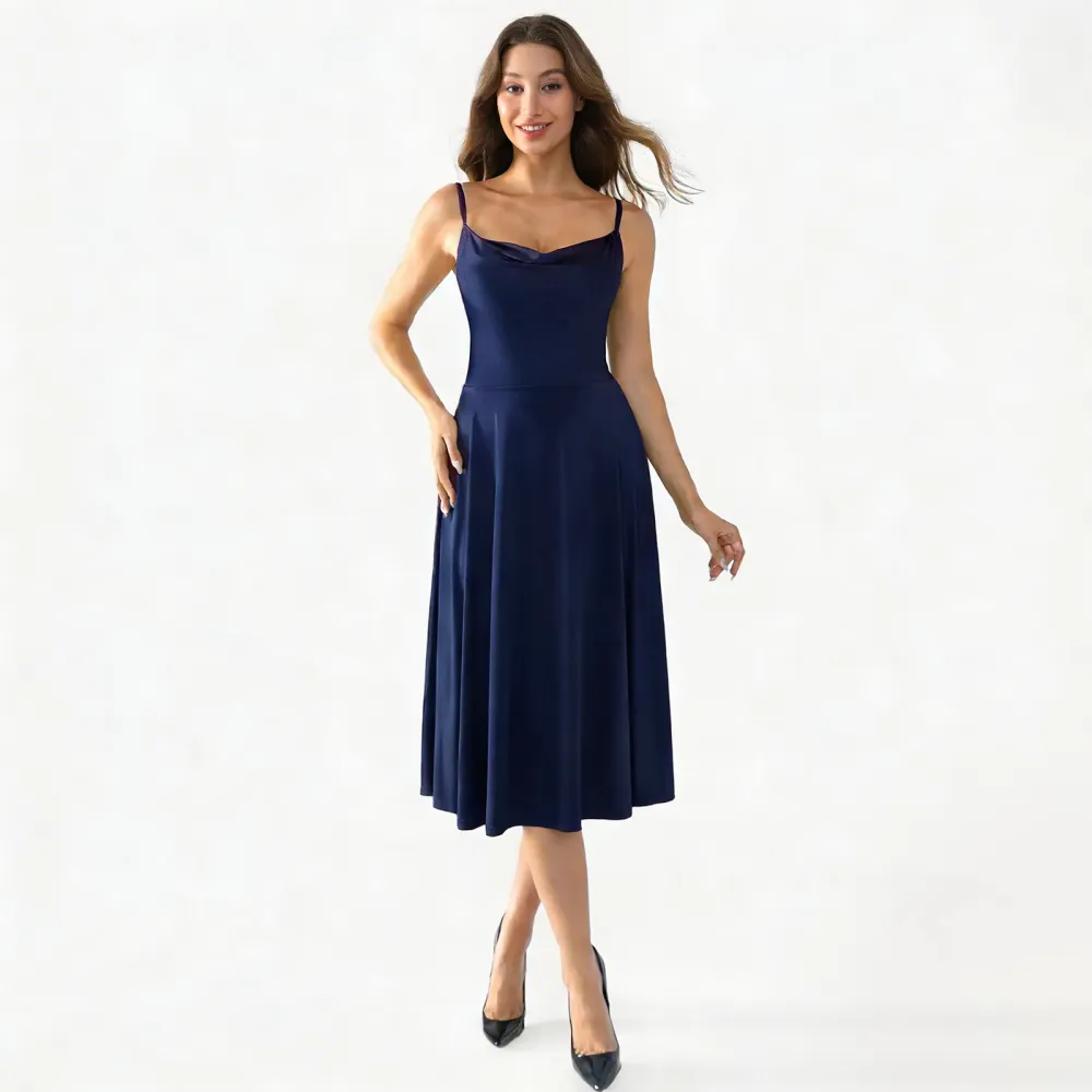 Satin Midi Slip Dress with Cowl Neck and Flared Hem
