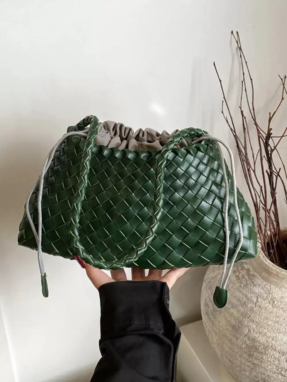 Drawstring Woven Shoulder Bag