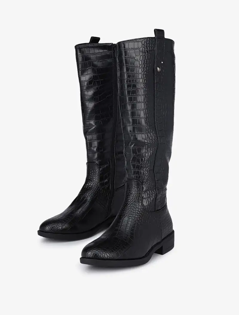 Classic Minimal Block Heel Faux Leather Knee High Boots