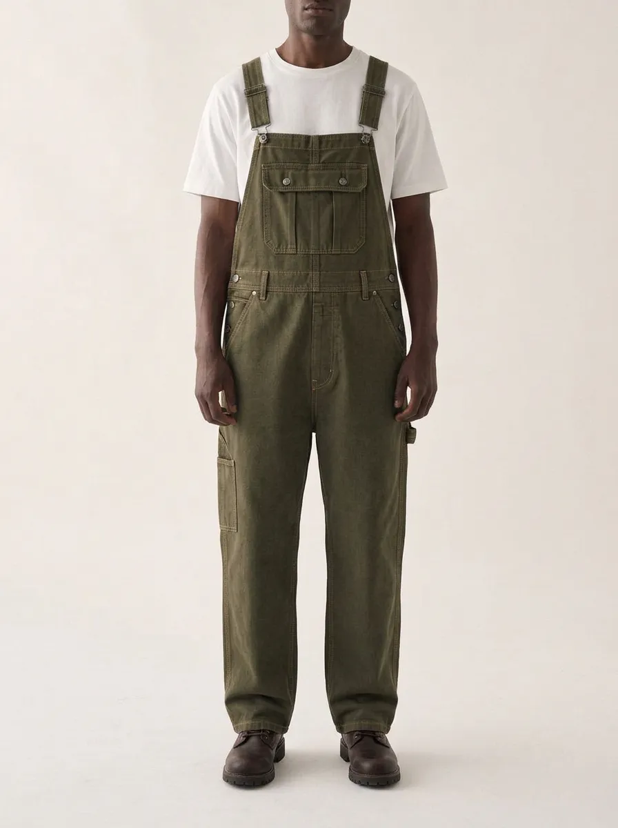 Men's Olive Green Side-Button Utility Canvas Overalls