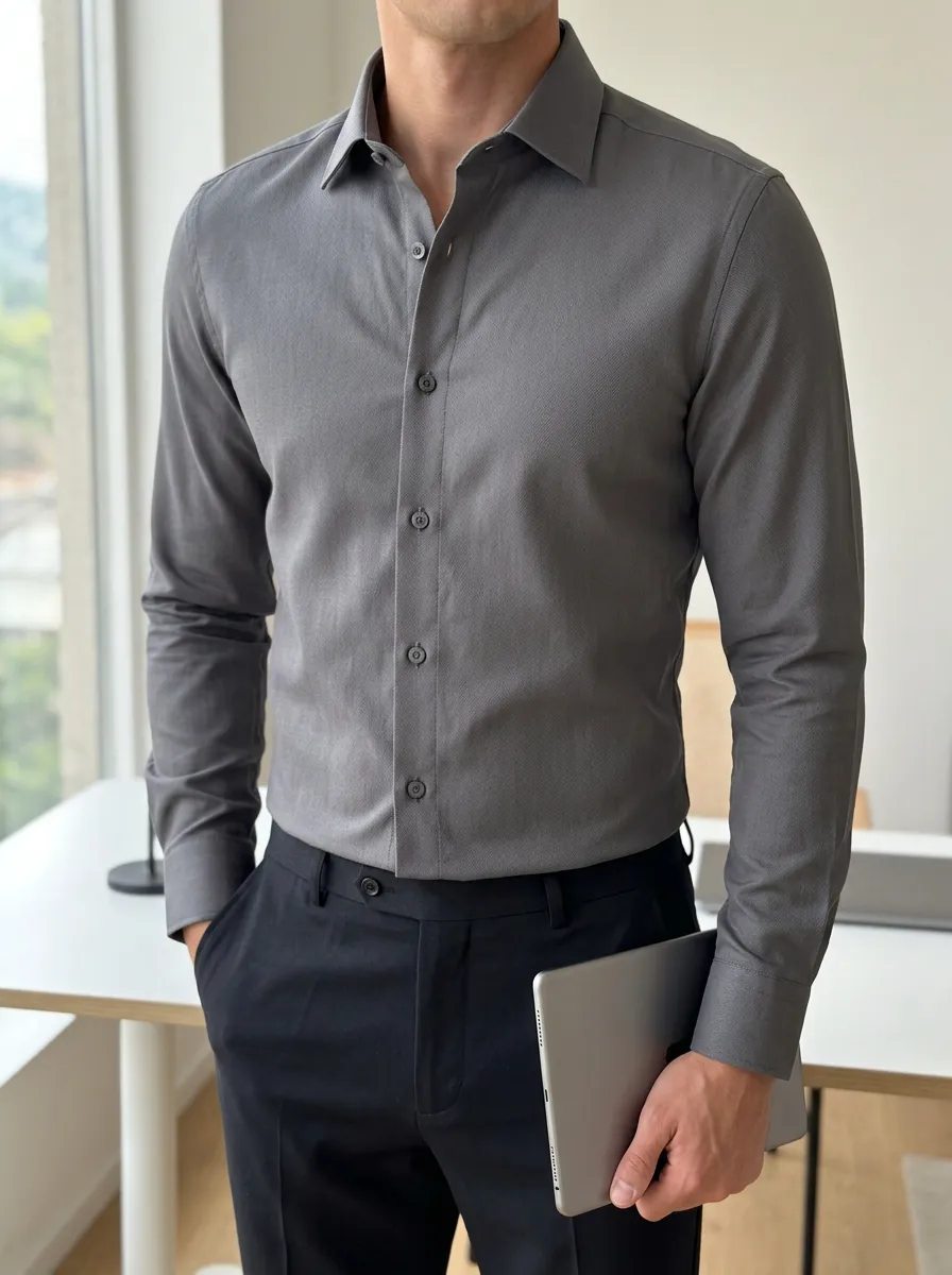 Men's Business Casual Grey Slim Fit Long Sleeve Button Up Shirt