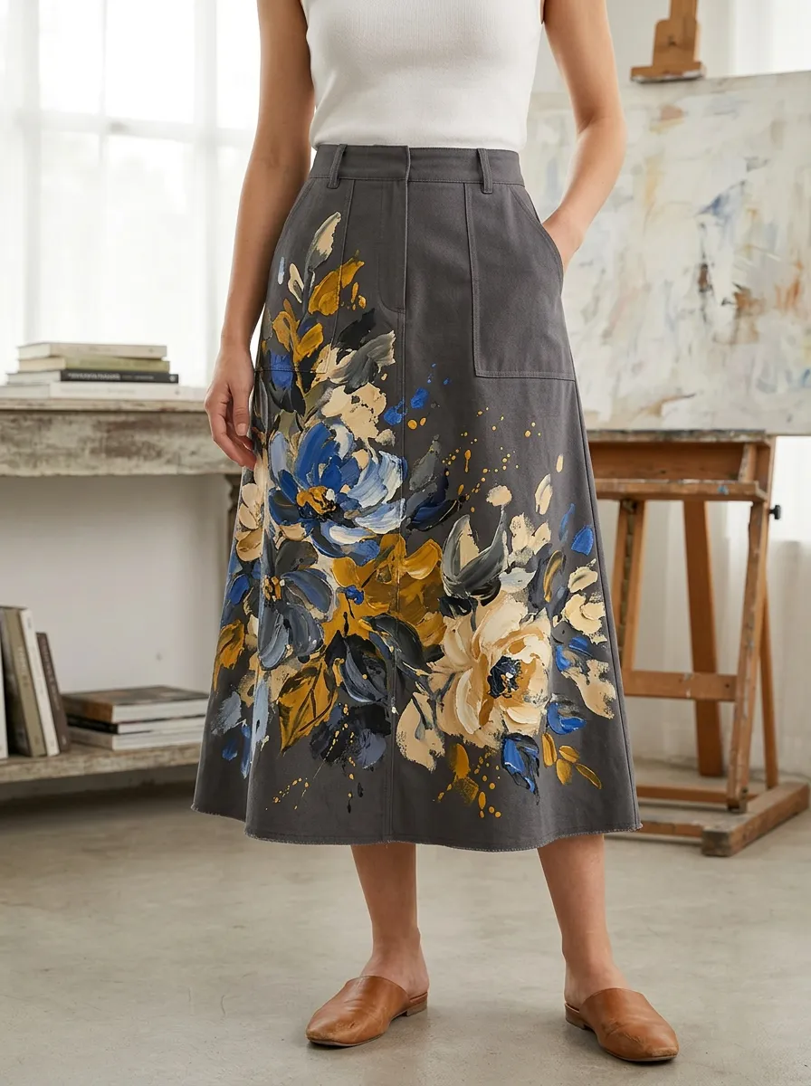 Women's Art Lover Blue Yellow Floral Oil Painting Printed Skirt