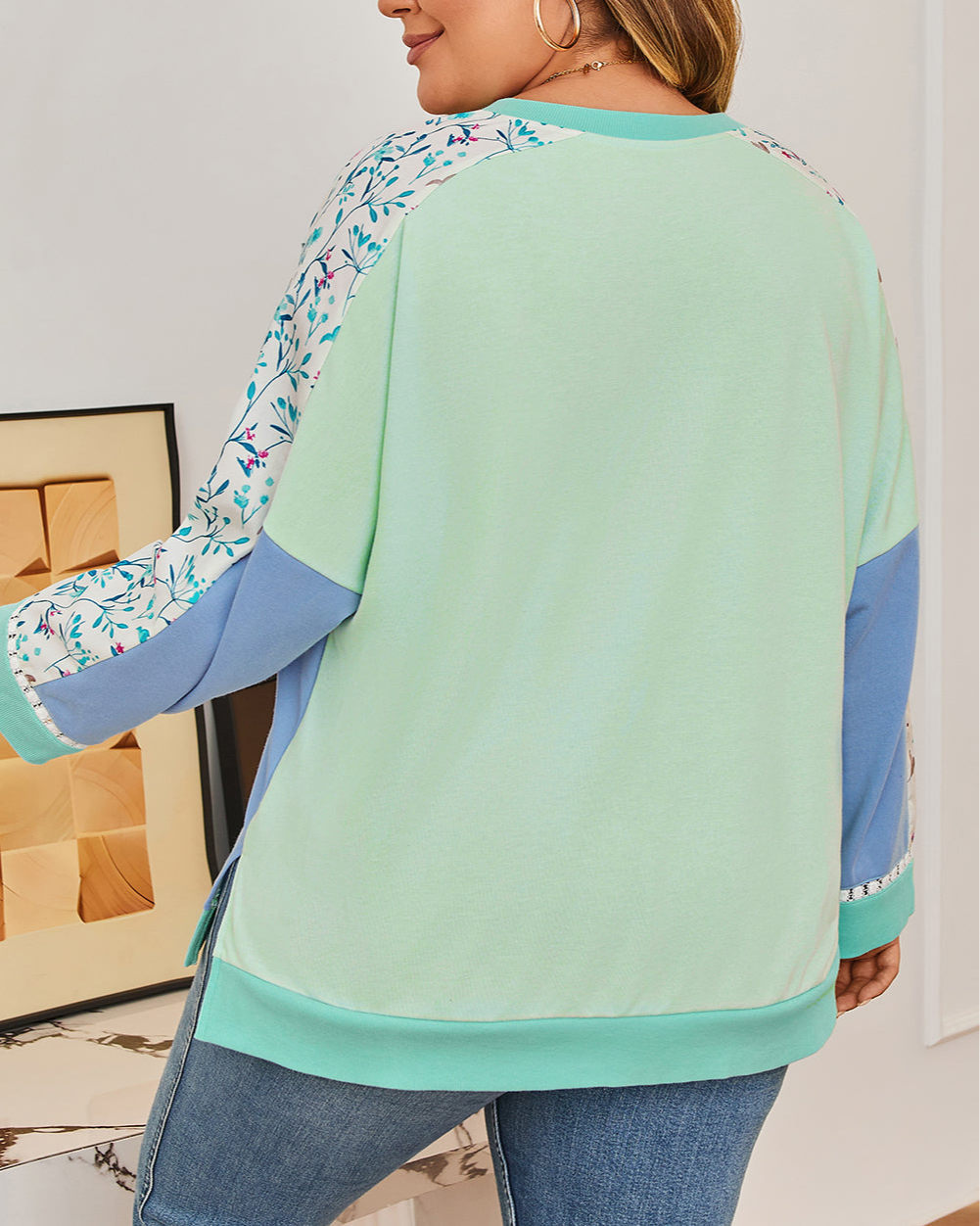 Women's Floral Print Colorblock Notched Neck Top