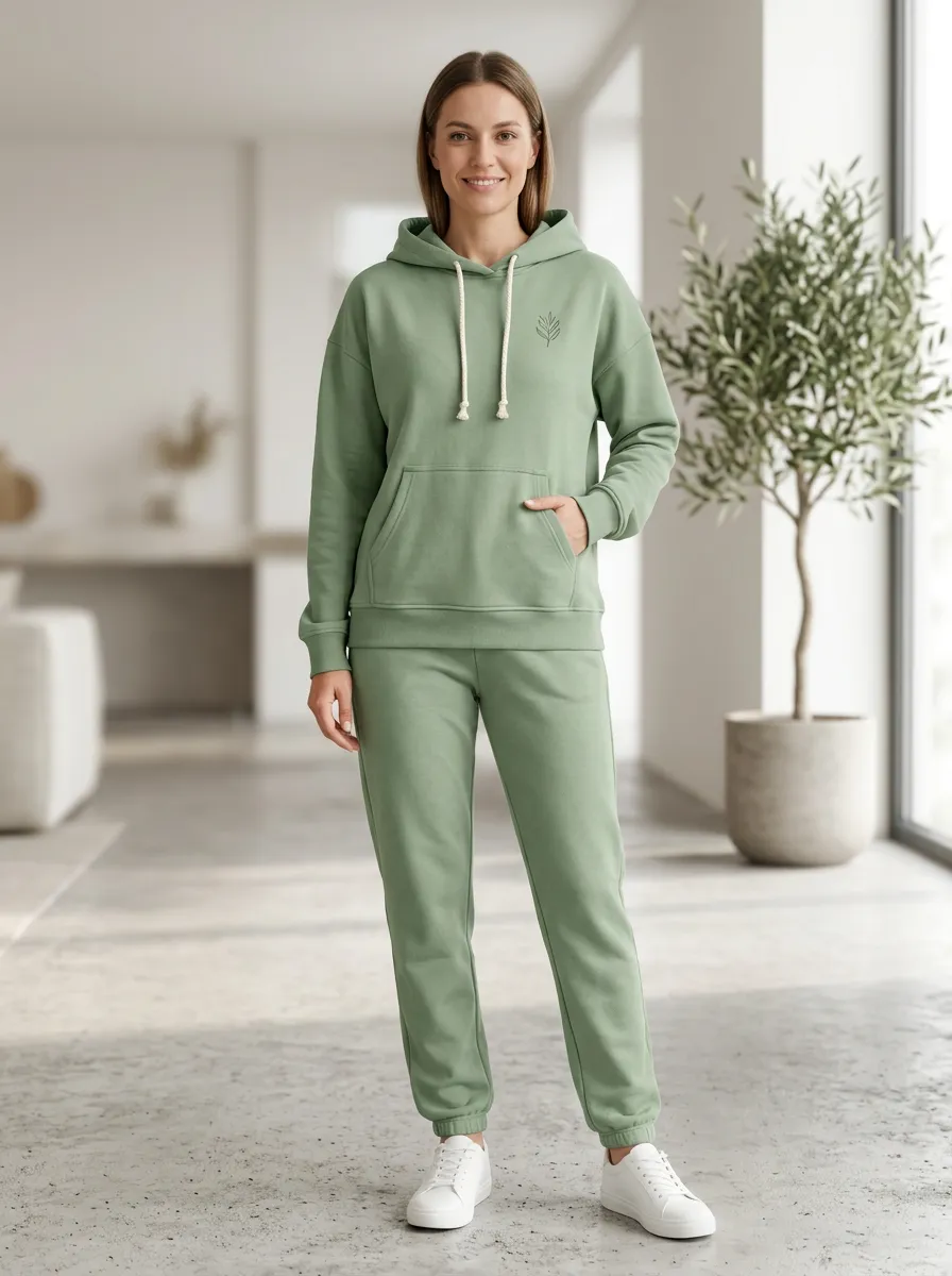 Women's Minimalist Botanical Leaf Printed Hooded Tracksuit