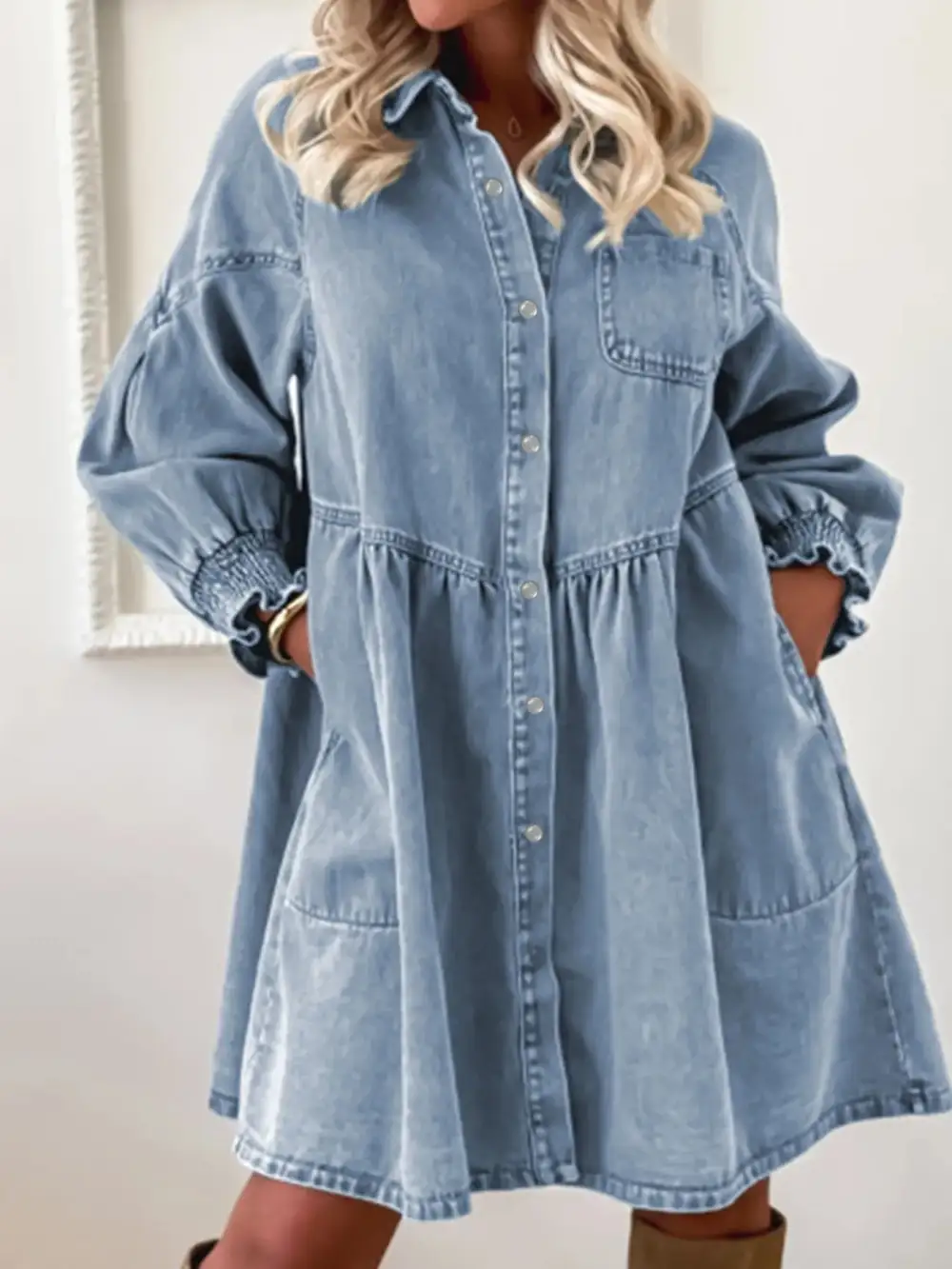 Denim Button Front Smocked Shirt Dress