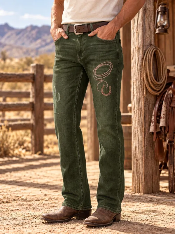 Men's Western Cowboy Cactus Horseshoe Printed Jeans