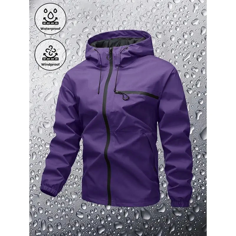 Men's Plain Waterproof Windproof Drawstring Zip Up Hooded Jacket, Casual Long Sleeve Zipper Pocket Design Outerwear for Outdoor Activities, Men's Clothes for All Seasons, Menswear m 65 jacket Stripe Print Baseball Bomber Jacket