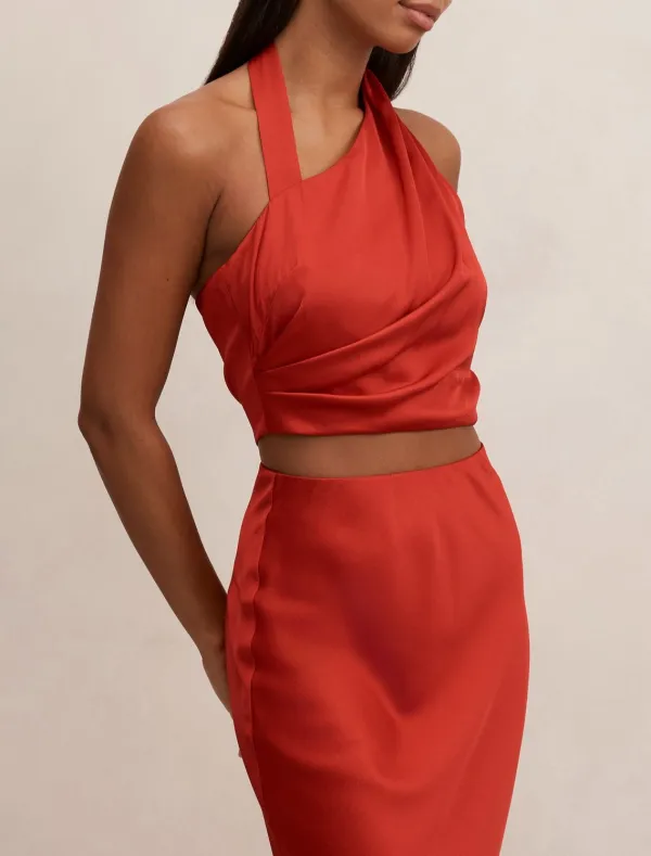 Red Halter Twist Neck Sleeveless Top