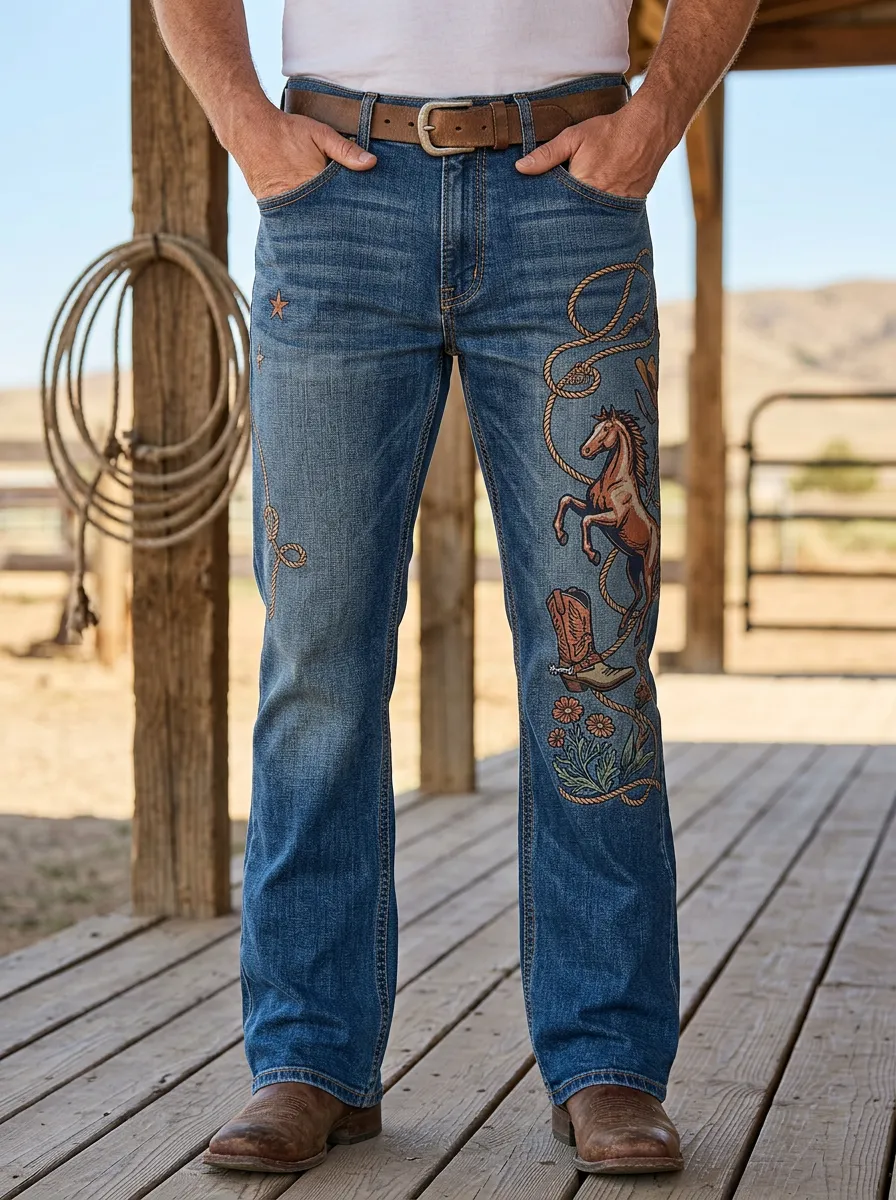 Men's Western Medium Wash Western Graphic Straight-Leg Jeans