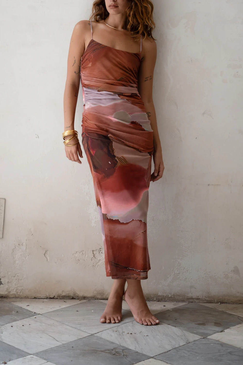 Rust Abstract Mesh Midi Dress