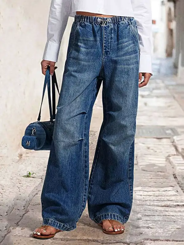 Ombre High Waist Relaxed Fit Drawstring Elastic Waist Jeans