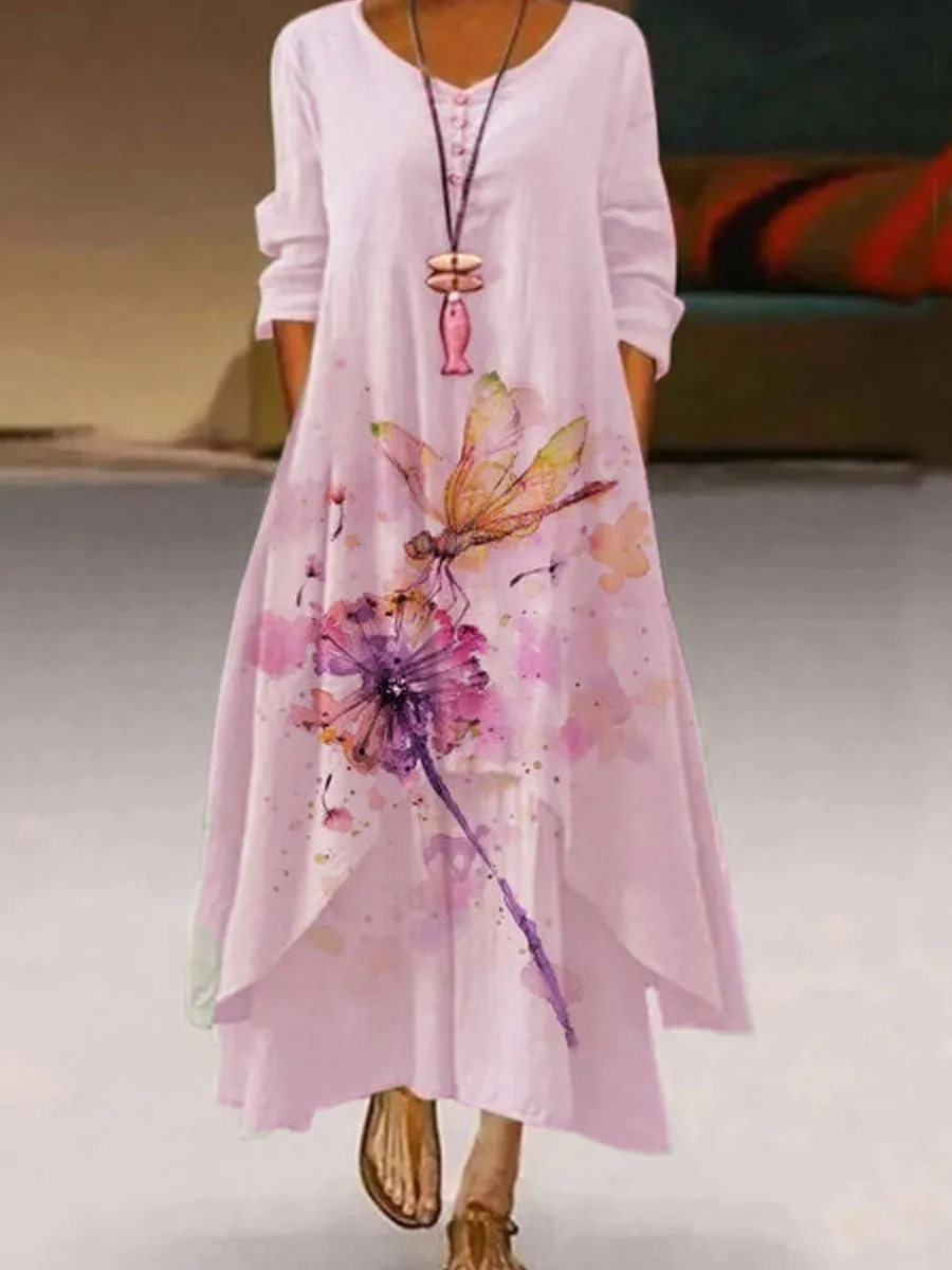 Round Neck Dandelion Print Loose Long Sleeve Maxi Dress