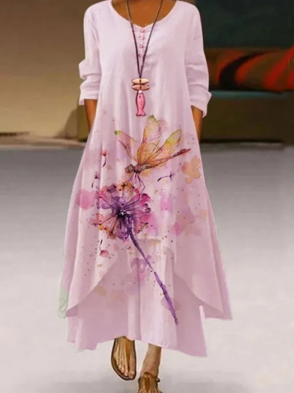 Round Neck Dandelion Print Loose Long Sleeve Maxi Dress