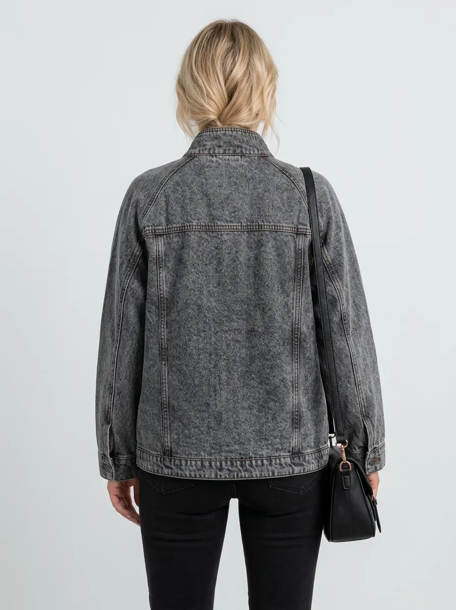 Women's Vintage Washed Black Denim Utility Jacket