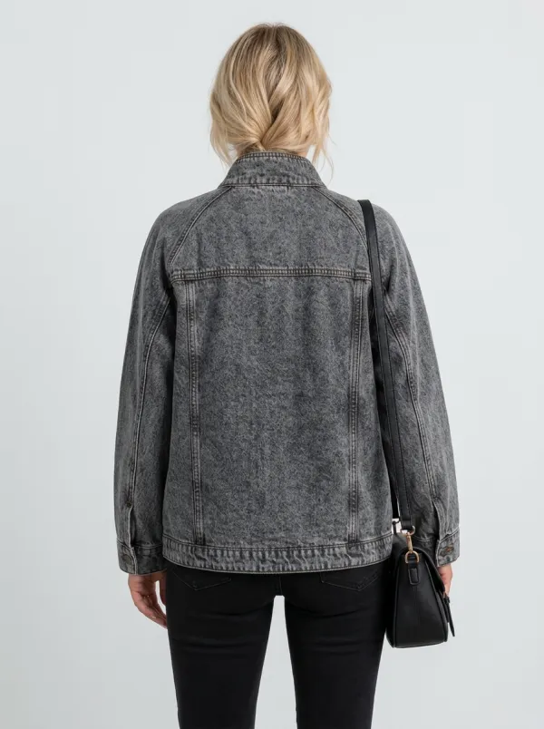 Women's Vintage Washed Black Denim Utility Jacket