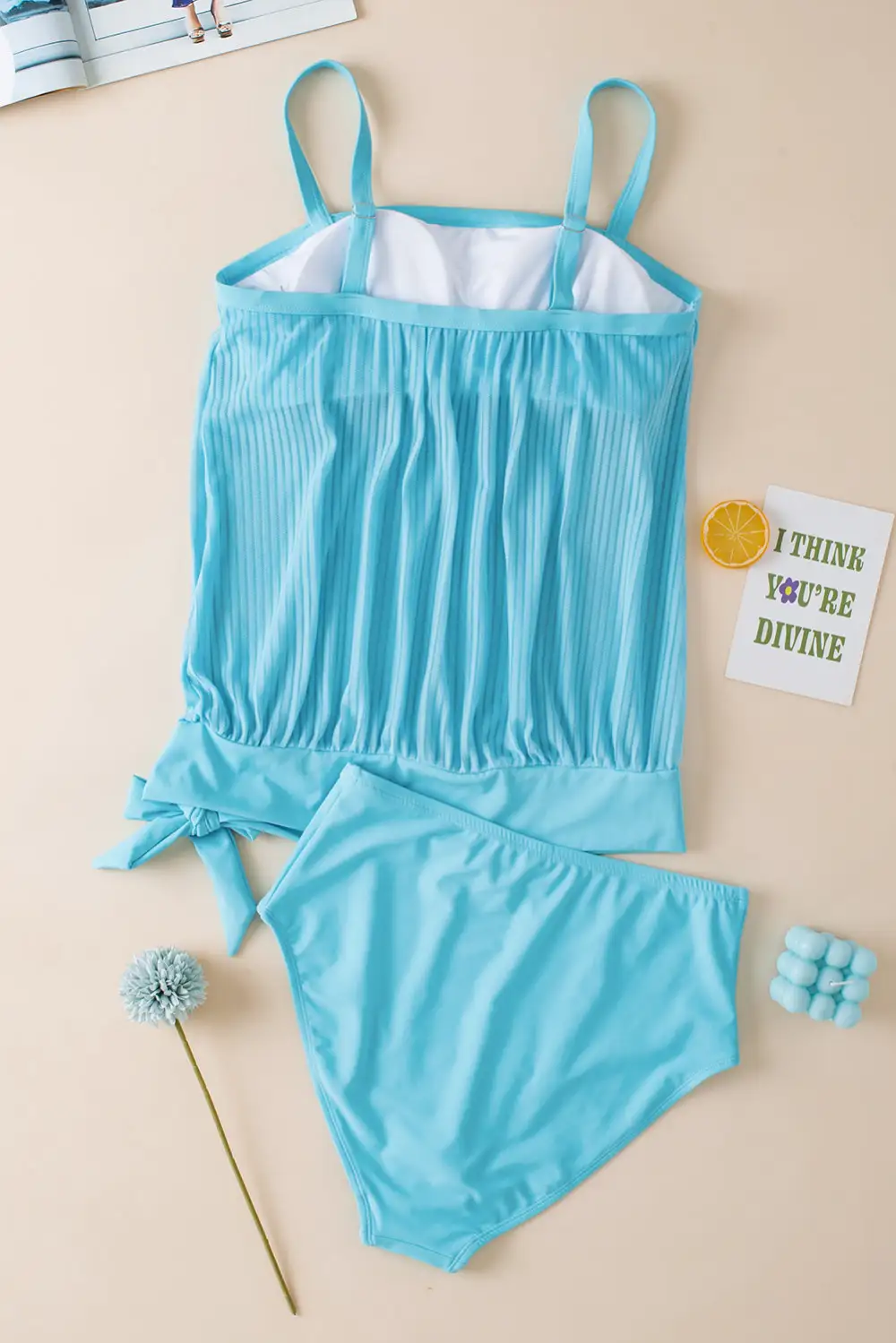Striped Mesh Knotted Hem Tankini Swim Set