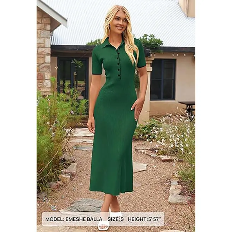 Women's V Neck Ribbed Knit Maxi Dress Button Short Sleeve Slim Fit Bodycon Sweater Dress