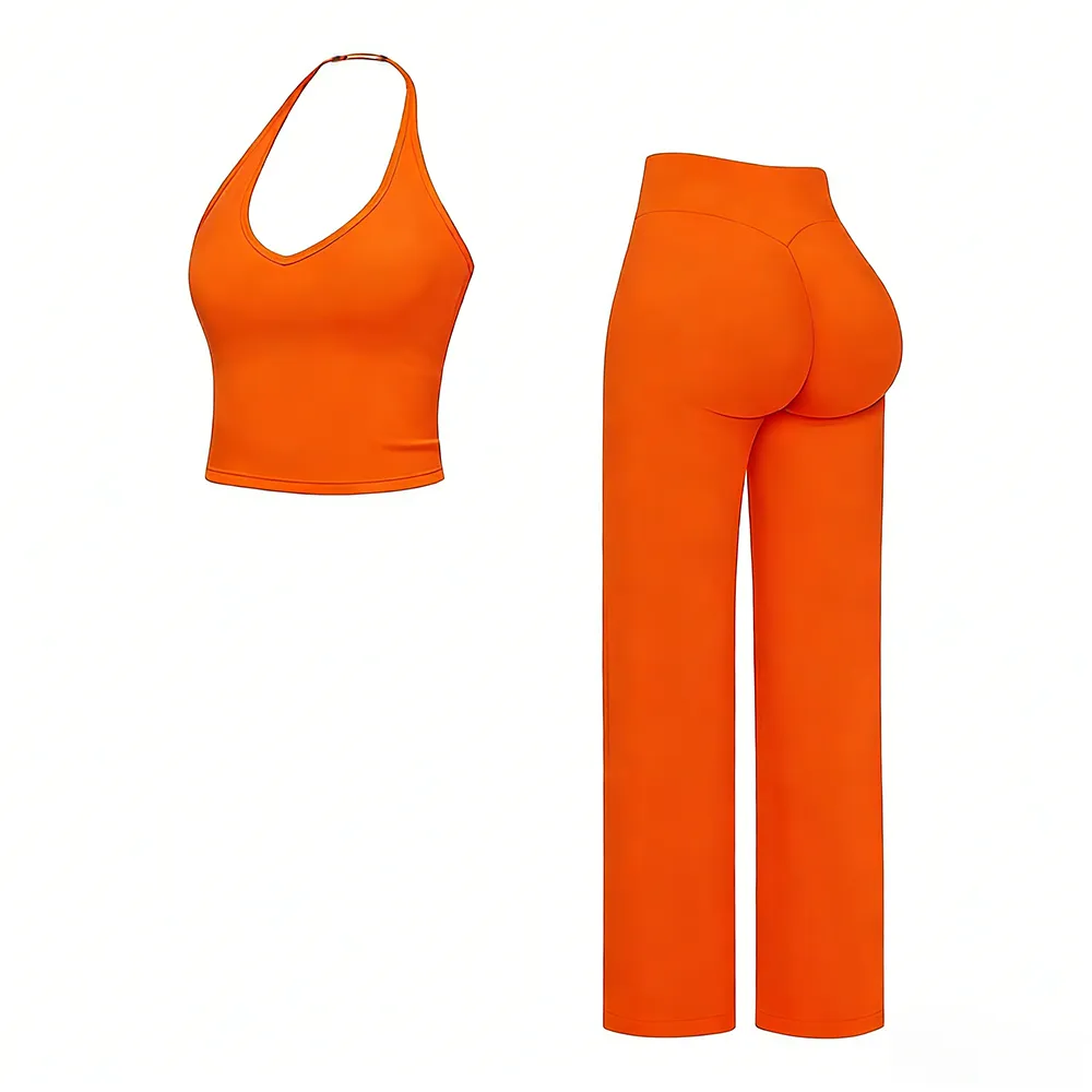 🔥Direct Factory Price - Women's Plain Crop Cami Top & Flare Leg Pants Sports Set