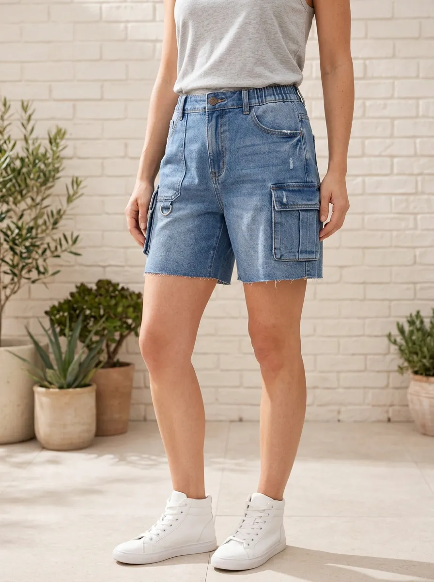 Women's Casual High-Waisted Cargo Denim Shorts