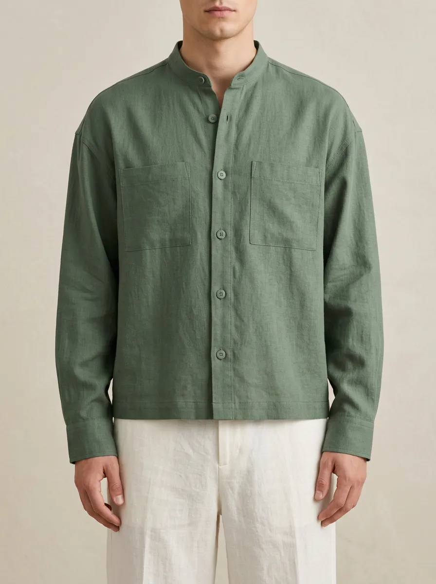 Sage Green Mandarin Collar Long Sleeve Casual Shirt