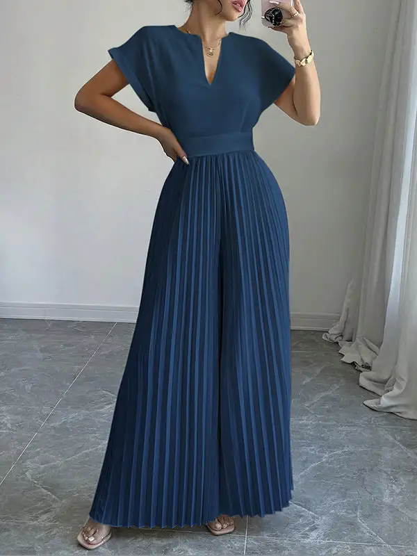 Losse Jumpsuits Met Korte Mouwen Geplooide Effen Kleur