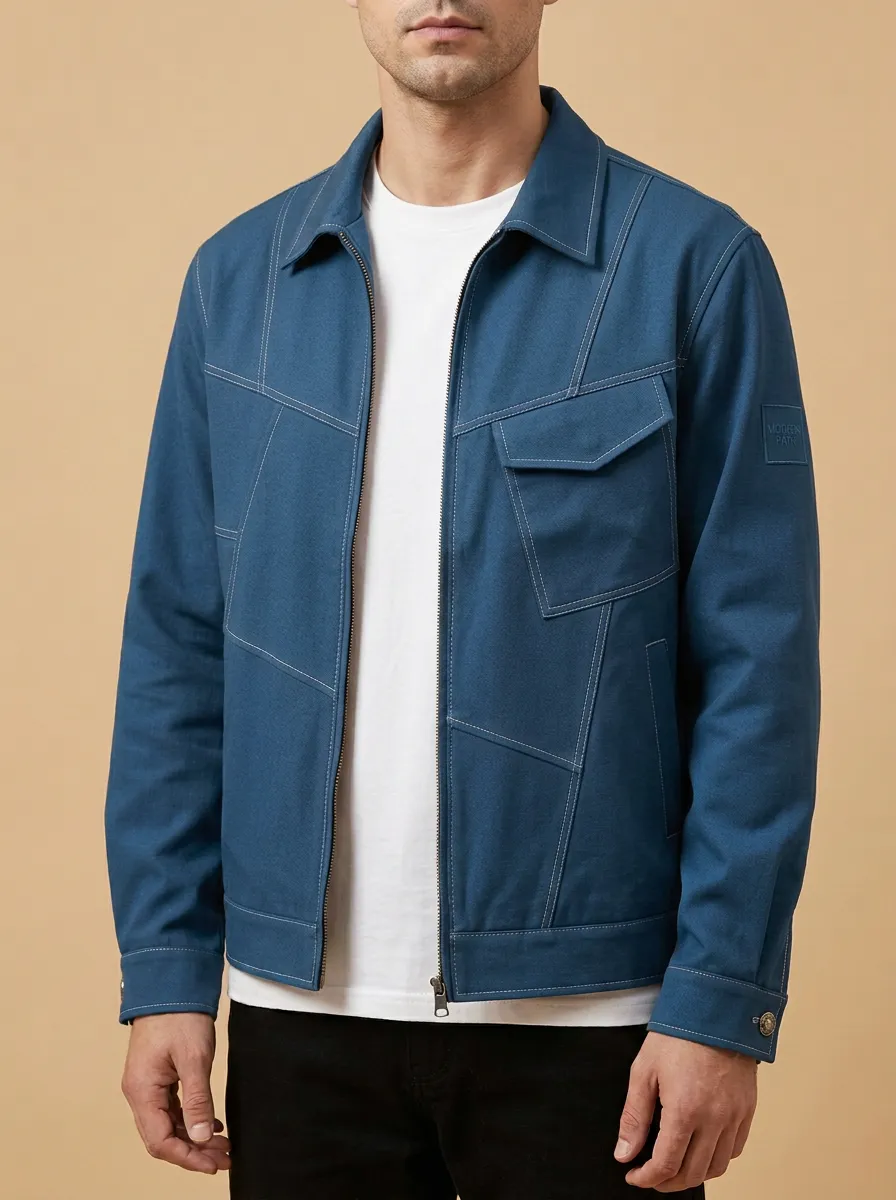 Contrast Stitching Zip Denim Jacket