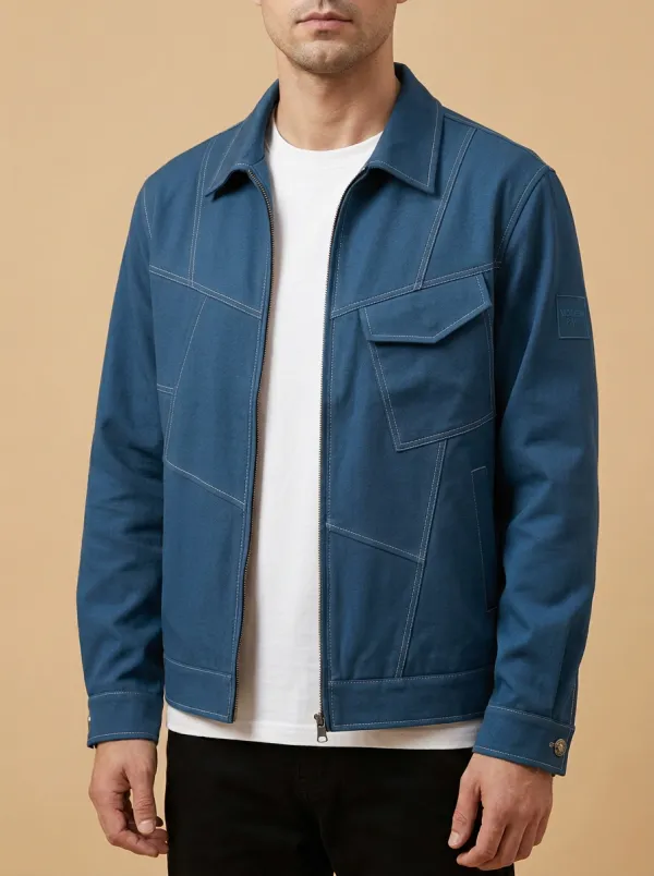 Contrast Stitching Zip Denim Jacket