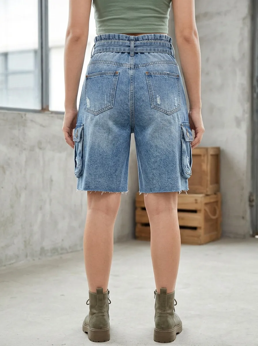 Women's Distressed Cargo Belted Denim Shorts