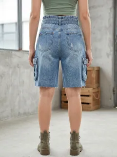 Women's Distressed Cargo Belted Denim Shorts